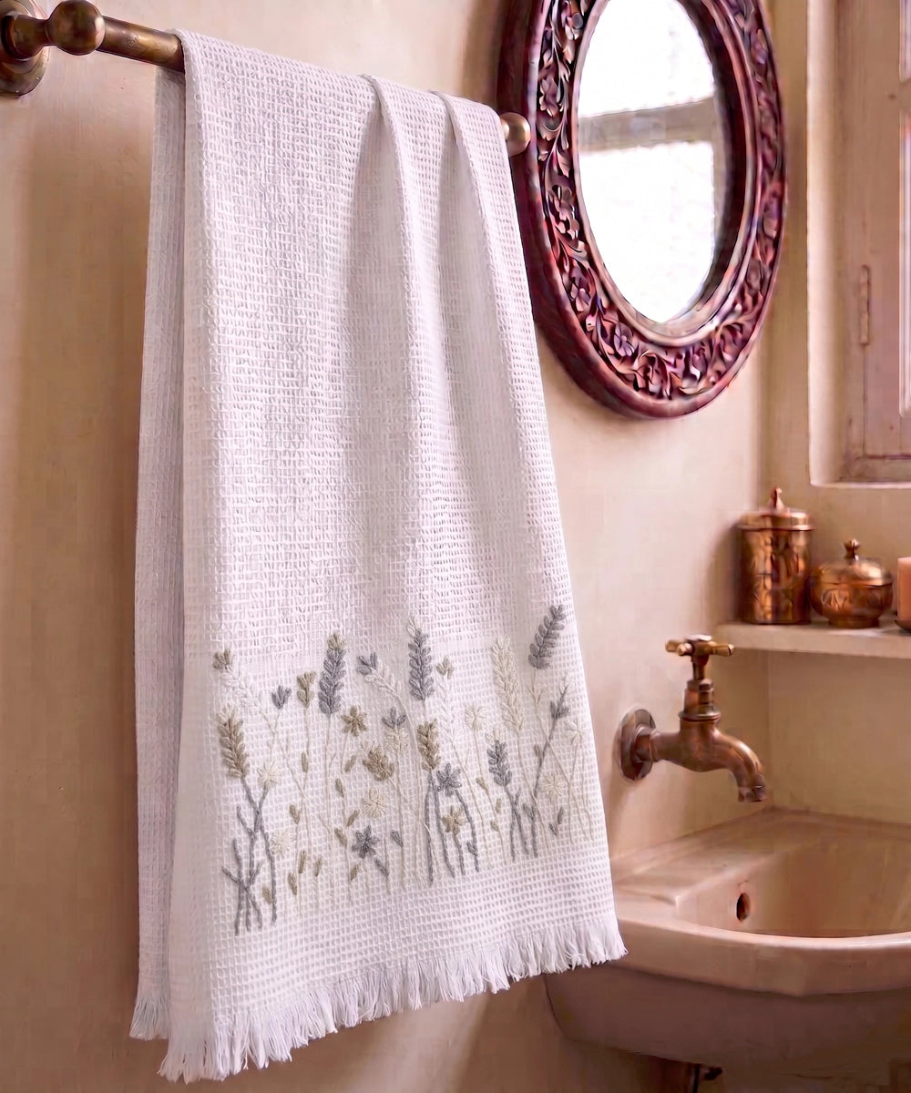 Embroidered Bath Towel | Soft Cotton Waffle | White & Grey