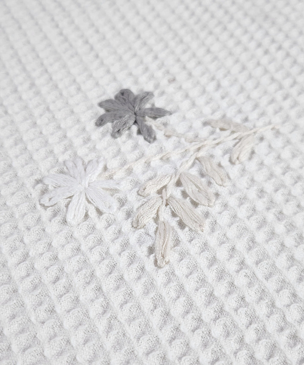 Embroidered Hand Towel - Set of 2 pcs in Cotton Waffle | White & Grey