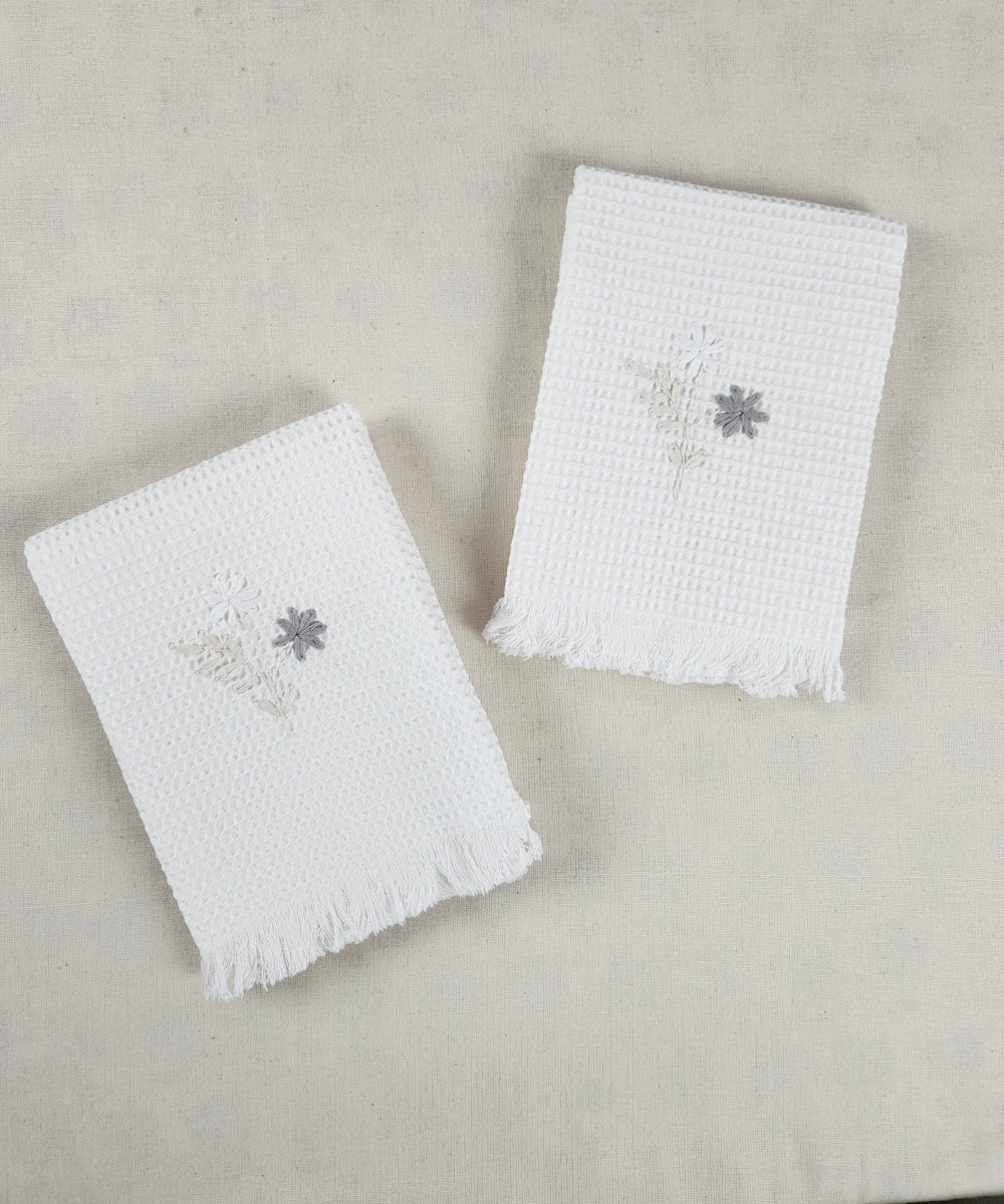 Embroidered Hand Towel - Set of 2 pcs in Cotton Waffle | White & Grey