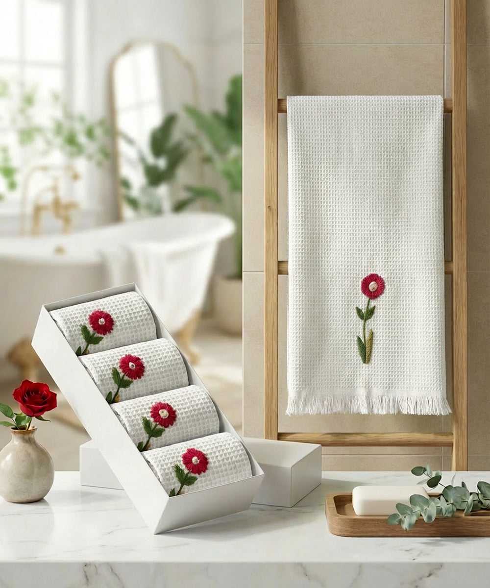 Embroidered 4 pcs Face and 2 pcs Hand Towel Set | Cotton Waffle | White with Maroon
