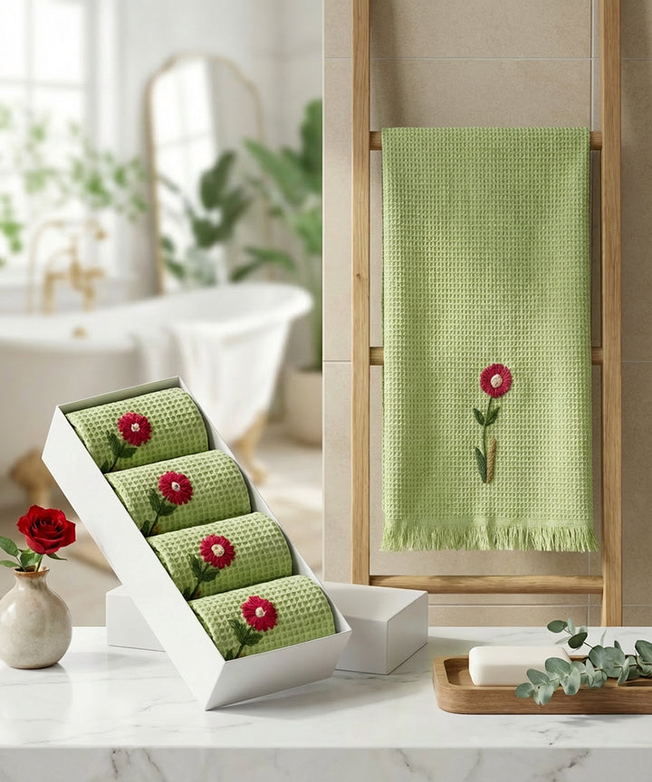 Embroidered 4 pcs Face and 2 pcs Hand Towel Set | Cotton Waffle | Sage Green