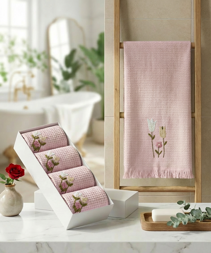 Embroidered 4 pcs Face and 2 pcs Hand Towel Set | Cotton Waffle | Dusty Pink