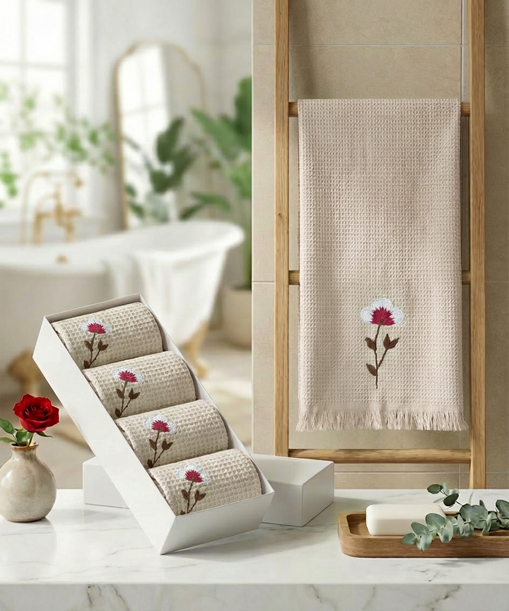 Embroidered 4 pcs Face and 2 pcs Hand Towel Set | Cotton Waffle | Beige