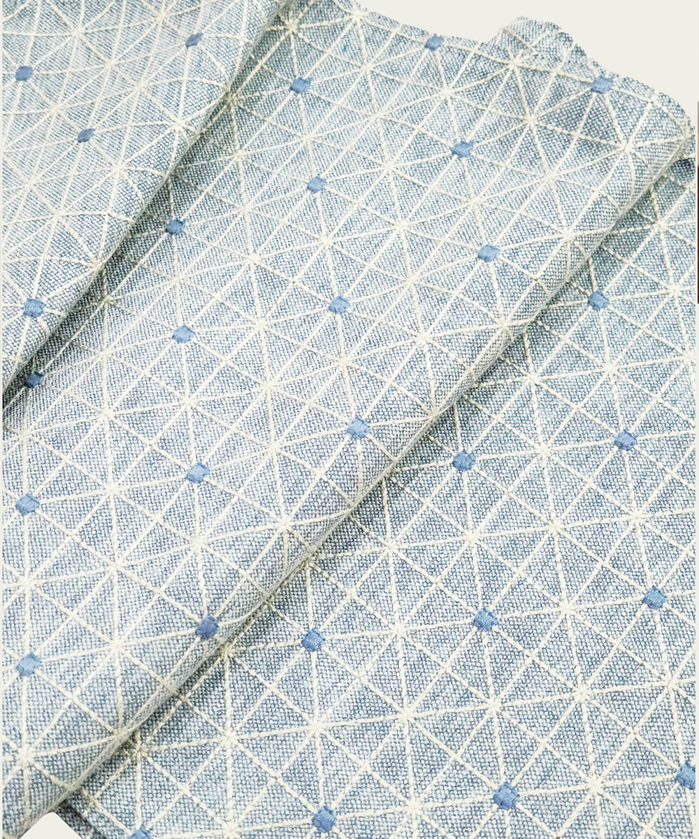 6 seater Blue Yarn Dye Geo Embroidered Cotton Table Runner