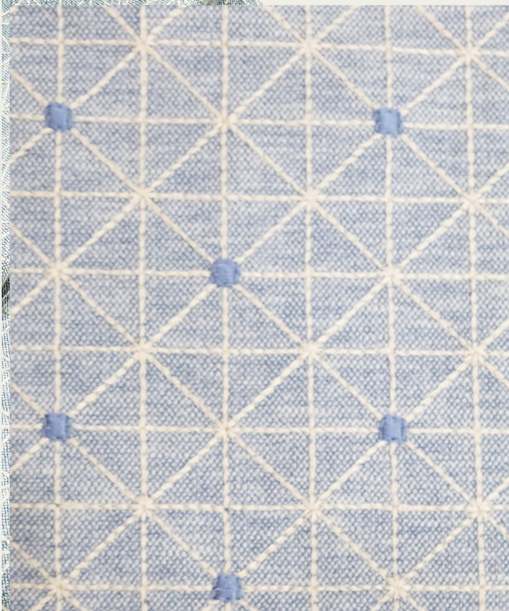 6 seater Blue Yarn Dye Geo Embroidered Cotton Table Runner
