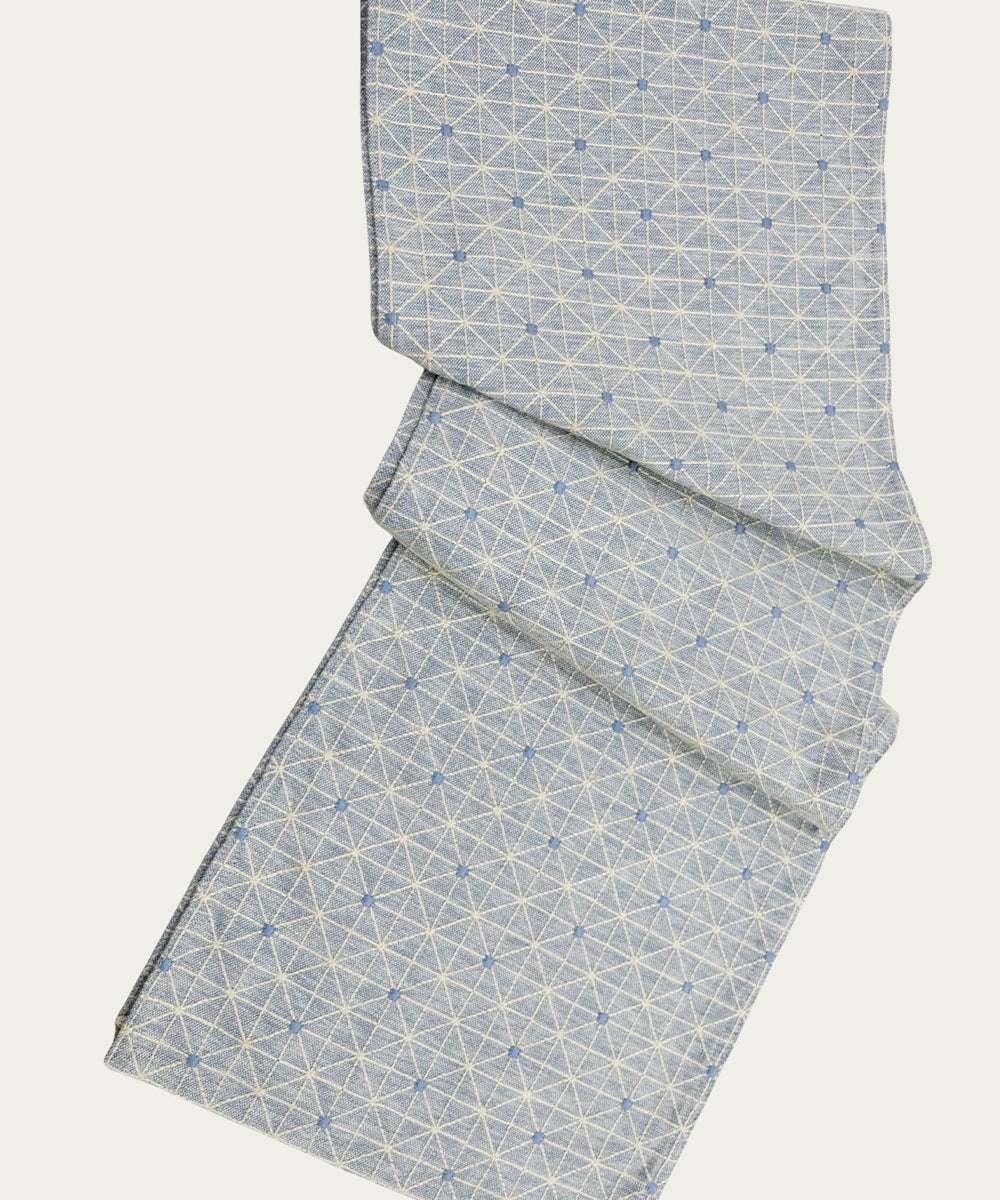 6 seater Blue Yarn Dye Geo Embroidered Cotton Table Runner