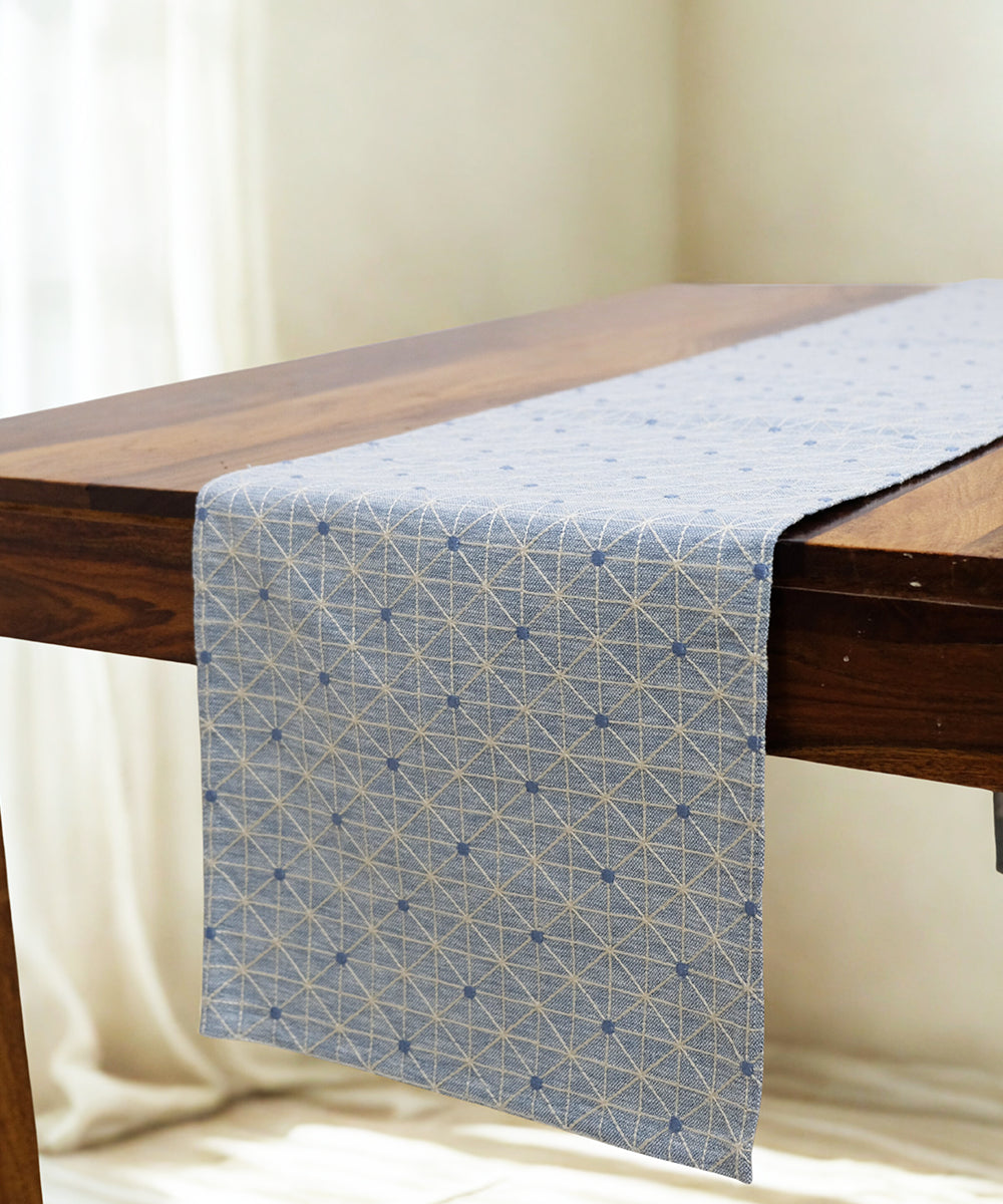 6 seater Blue Yarn Dye Geo Embroidered Cotton Table Runner