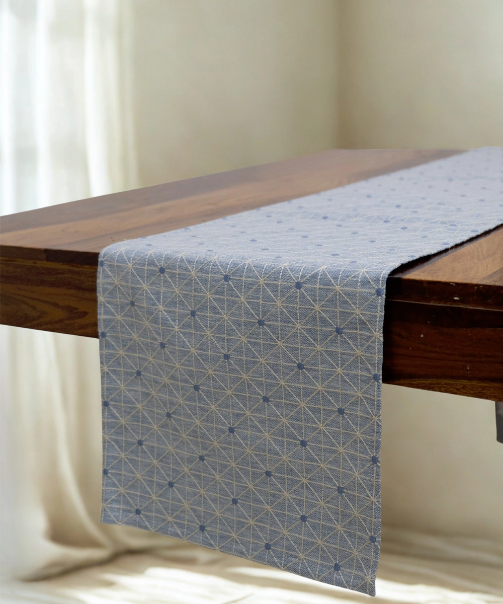 6 seater Blue Yarn Dye Geo Embroidered Cotton Table Runner