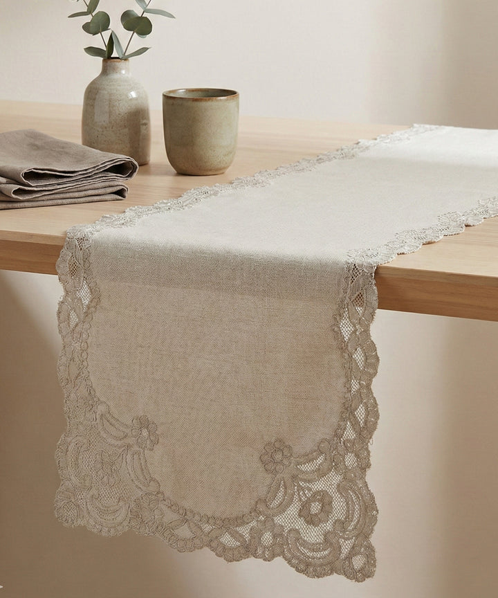 6 seater Beige Cutwork Embroidery Cotton Slub Table Runner