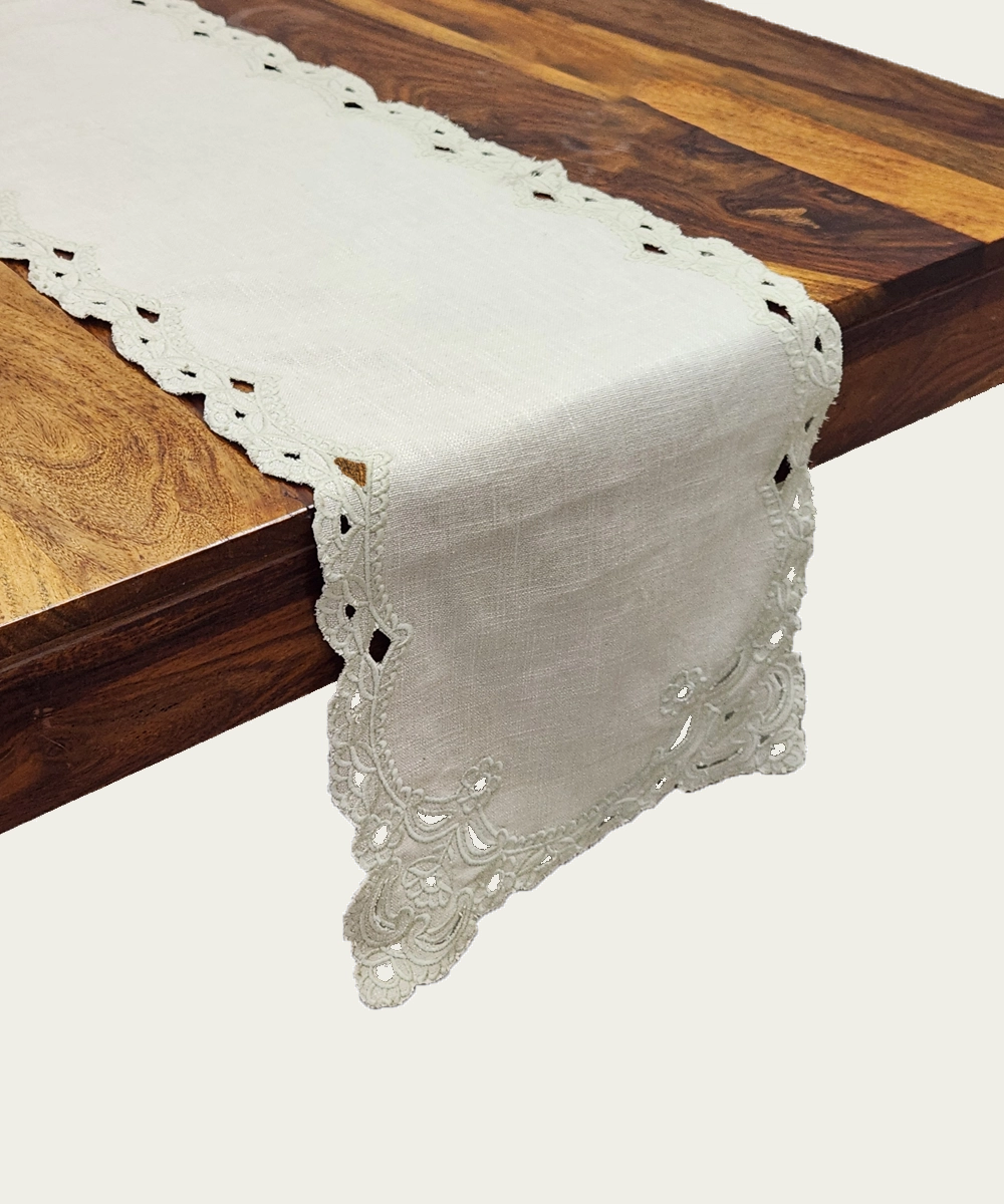 Set of 6 pcs Beige Cutwork Embroidery Cotton Slub Table Mats with 1 pc 6 seater Table Runner