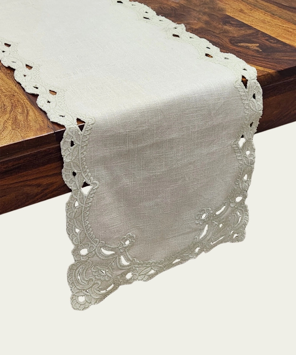 Cotton Slub Cutwork Embroidered Table Runner