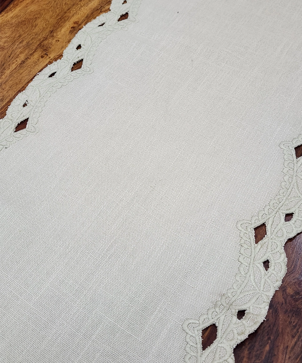 6 seater Beige Cutwork Embroidery Cotton Slub Table Runner (13.75 x 84 Inches)