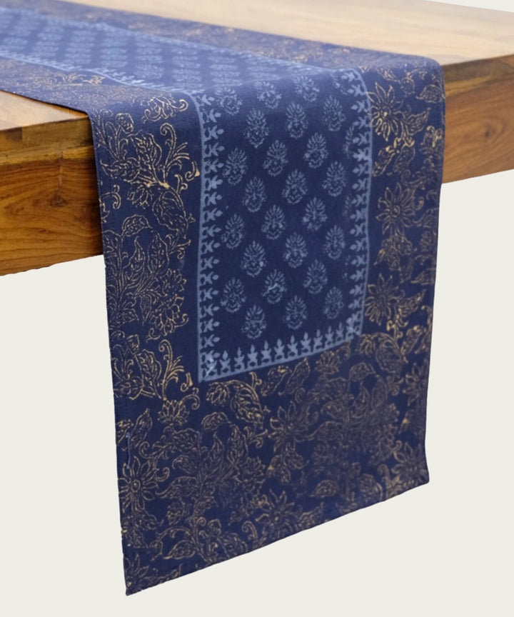 6 Seater Navy with Golden & Grey Hand Block Printed Cotton Canvas Table Runner (13 x 82 Inches)