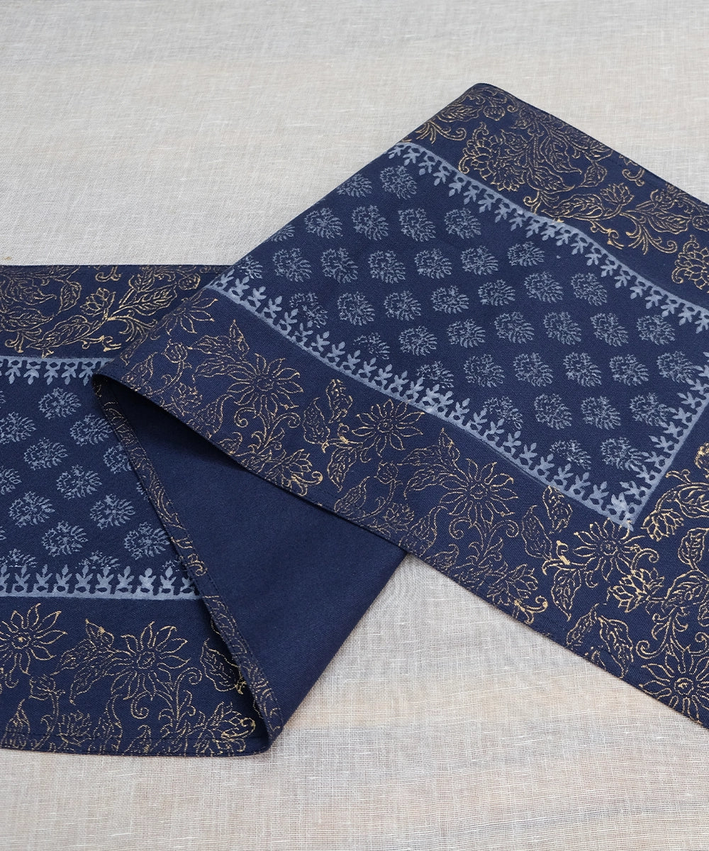 6 Seater Navy with Golden & Grey Hand Block Printed Cotton Canvas Table Runner (13 x 82 Inches)