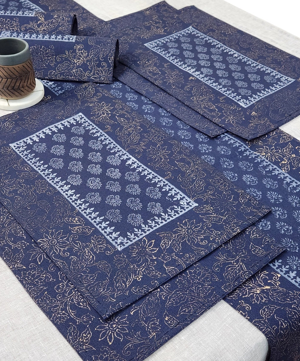 Navy Block Print Table Linen Gift Set | 1 Runner + 6 Mats + 6 Napkins