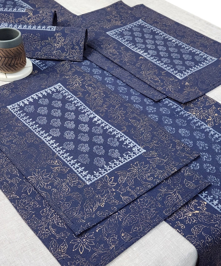 Set of Navy with Golden & Grey Hand Block Printed Cotton Canvas Table Runner with 6 pcs Table Mats
