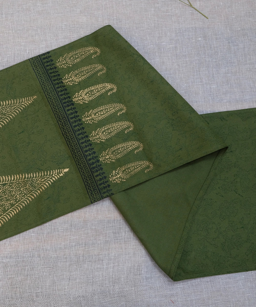 6 Seater Olive Hand Block Printed Cotton Canvas Table Runner (13 x 82 Inches)