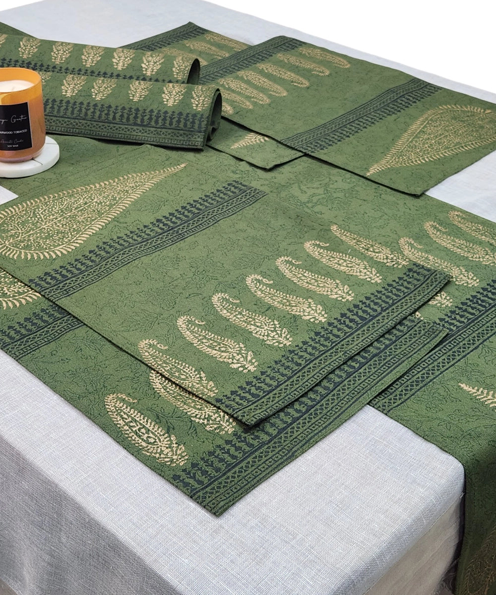 6 Seater Olive Hand Block Printed Cotton Canvas Table Runner (13 x 82 Inches)