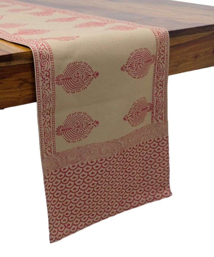 6 Seater Beige with Maroon Hand Block Printed Cotton Canvas Table Runner (13 x 82 inches)
