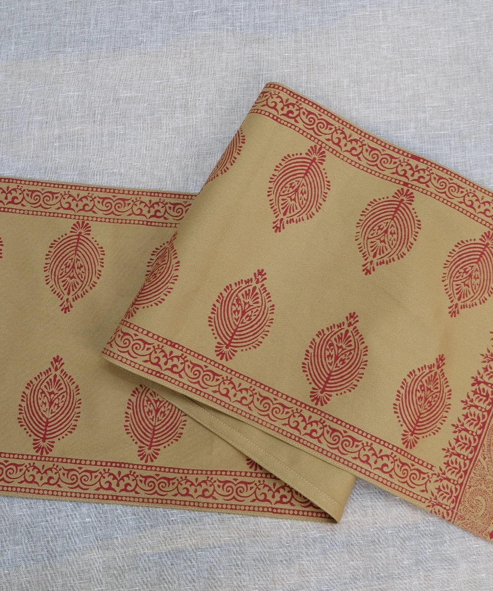 6 Seater Beige with Maroon Hand Block Printed Cotton Canvas Table Runner (13 x 82 inches)