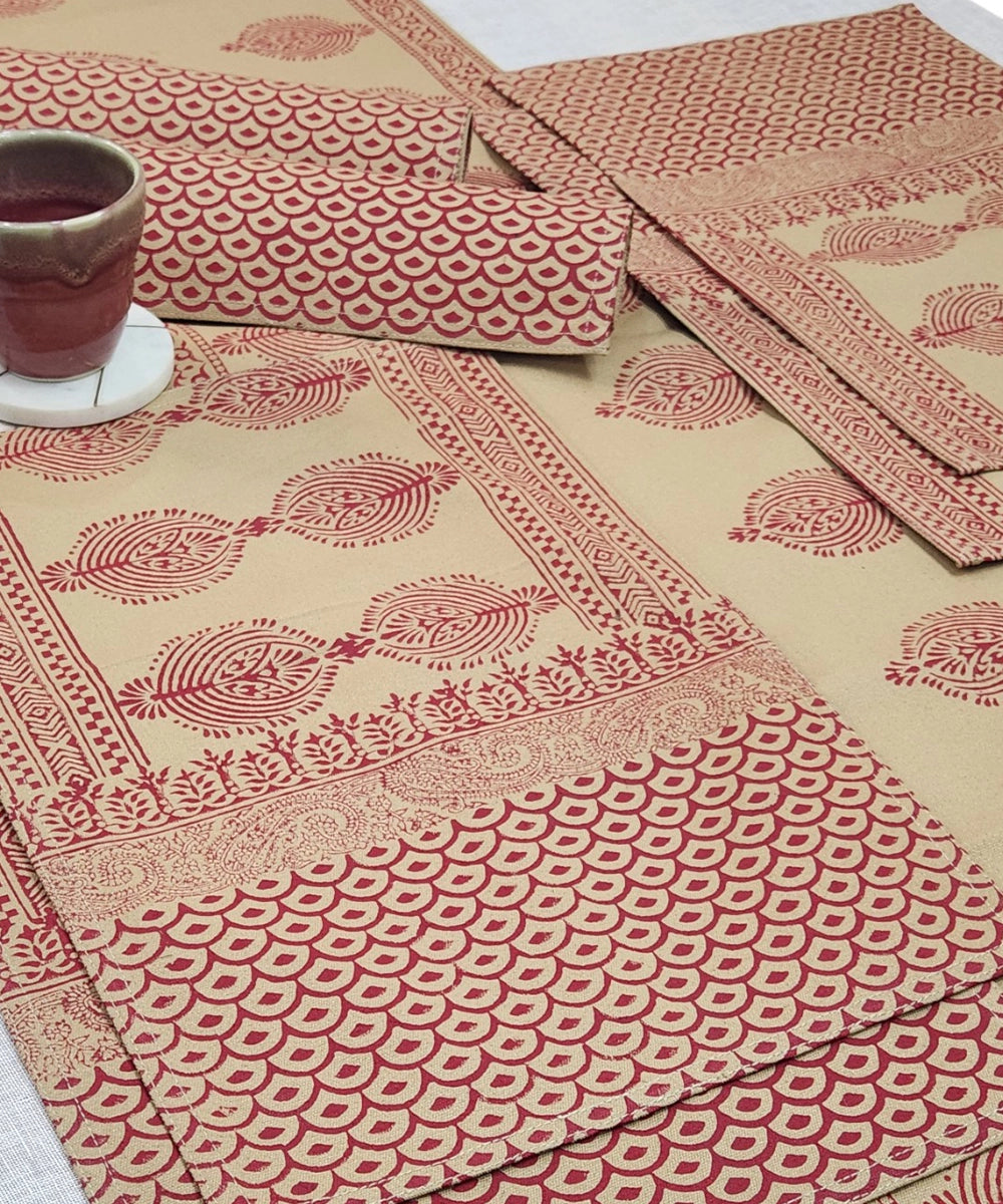 6 Seater Beige with Maroon Hand Block Printed Cotton Canvas Table Runner (13 x 82 inches)