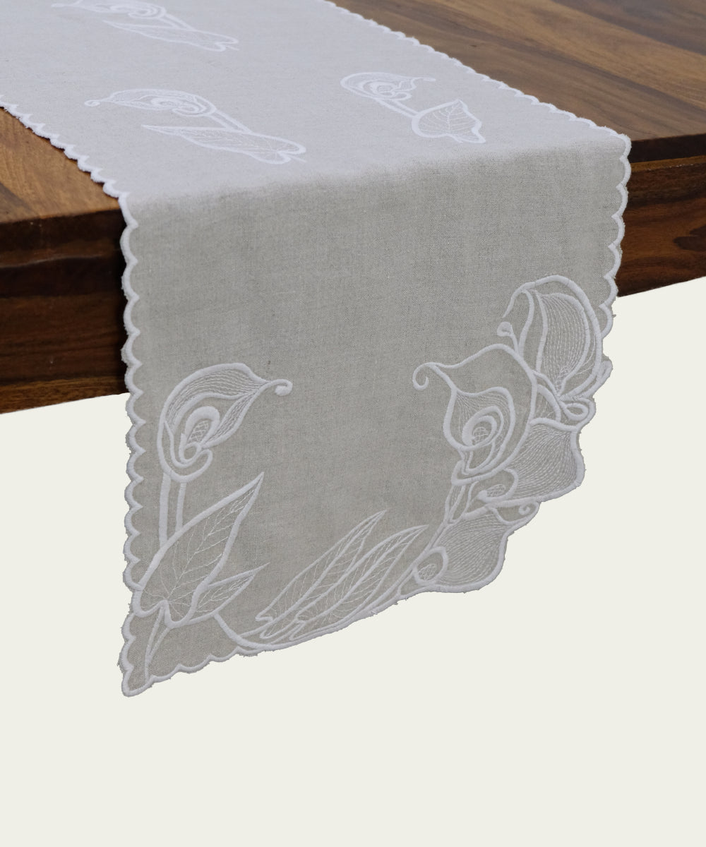 Set of Beige Pure Linen Cutwork Embroidered Table Runner with 6 pcs Table Mats
