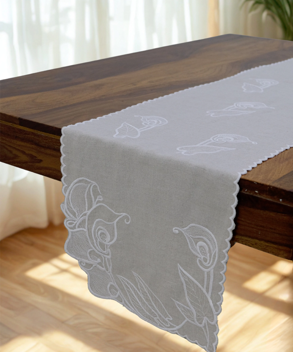 6 Seater Pure linen Beige Cutwork Embroidered Table Runner (13"x80")