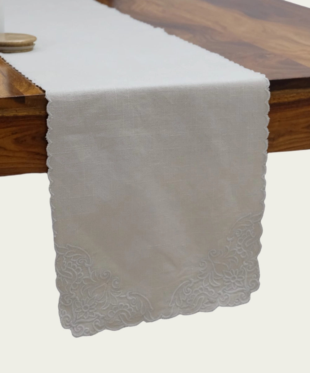 Beige Fiscelle Cotton Slub Cutwork Table Runner (12"x 82")
