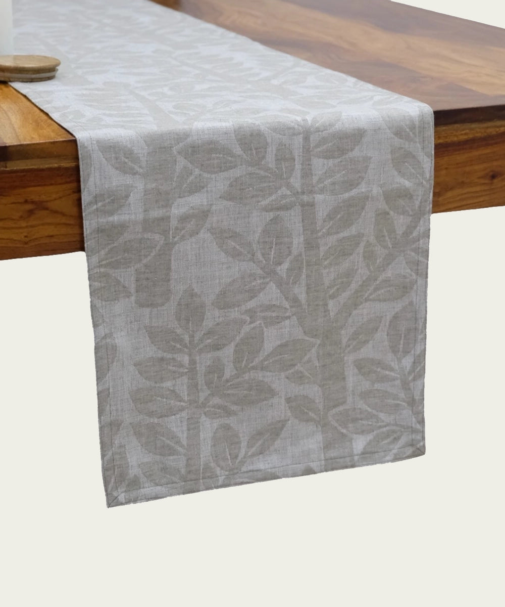 Natural Grey Leaf jacquard Linen 6 Seater Table Runner (13" x 84")