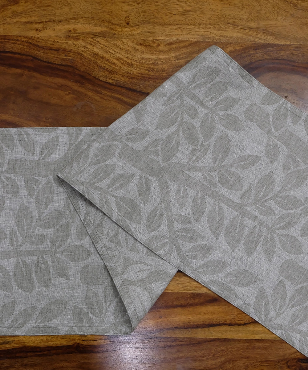 Natural Grey Leaf jacquard Linen 6 Seater Table Runner (13" x 84")