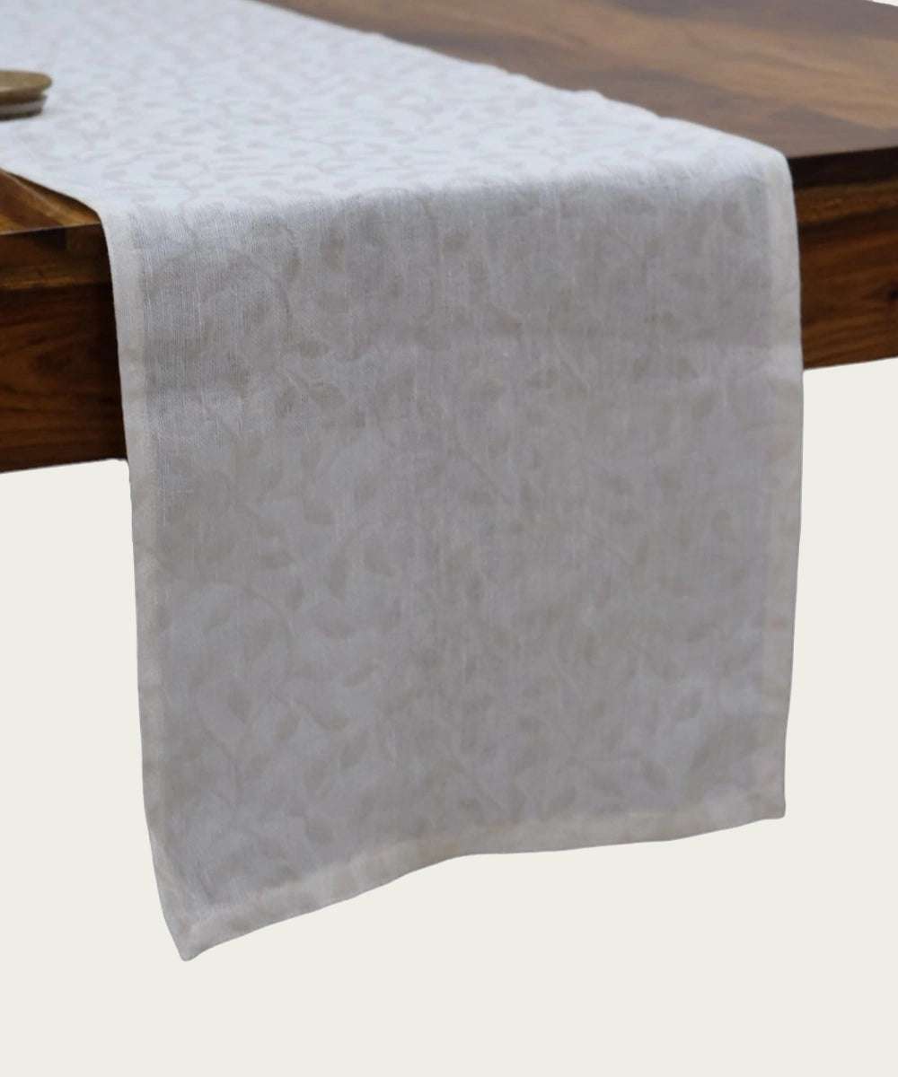 Light Cream Leaf Jacquard Linen Gauze with shimmer 6 Seater Table Runner (13"x 82")