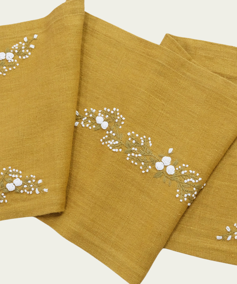 4 Seater Mustard Hand Emb Pure Linen Table Runner