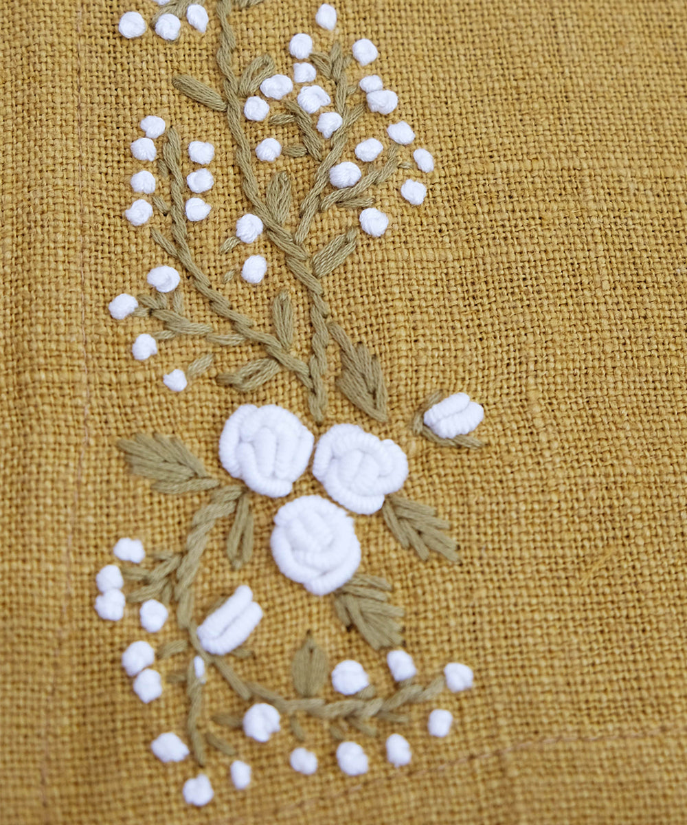 4 Seater Mustard Hand Emb Pure Linen Table Runner