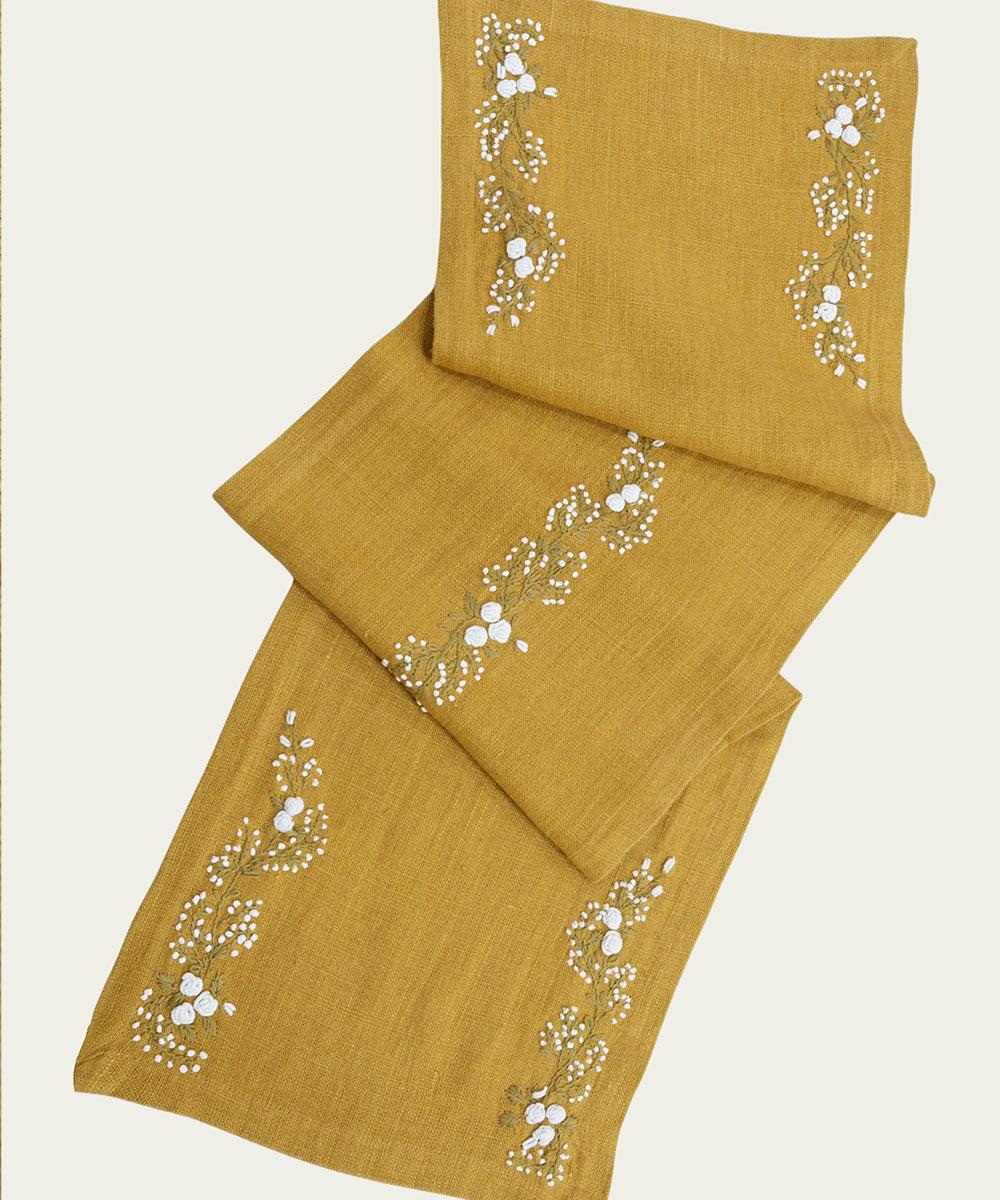 4 Seater Mustard Hand Emb Pure Linen Table Runner