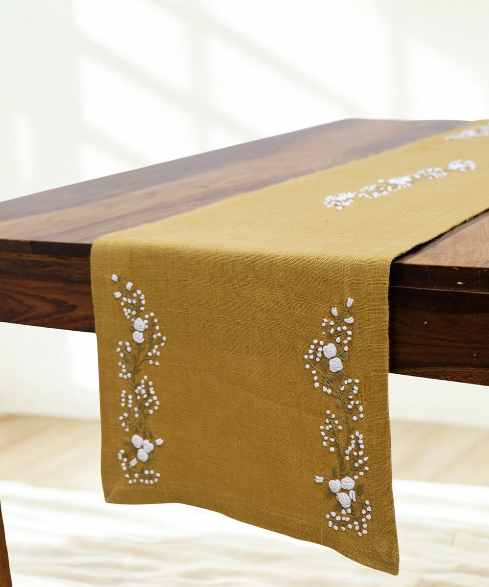 4 Seater Mustard Hand Emb Pure Linen Table Runner