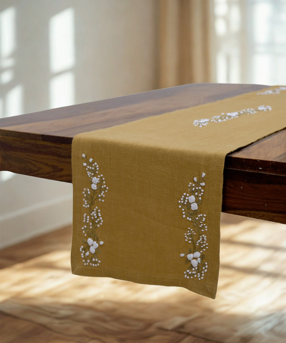 4 Seater Mustard Hand Emb Pure Linen Table Runner
