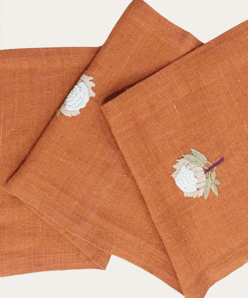 4 Seater Rustic Brown Hand Emb Pure Linen Table Runner