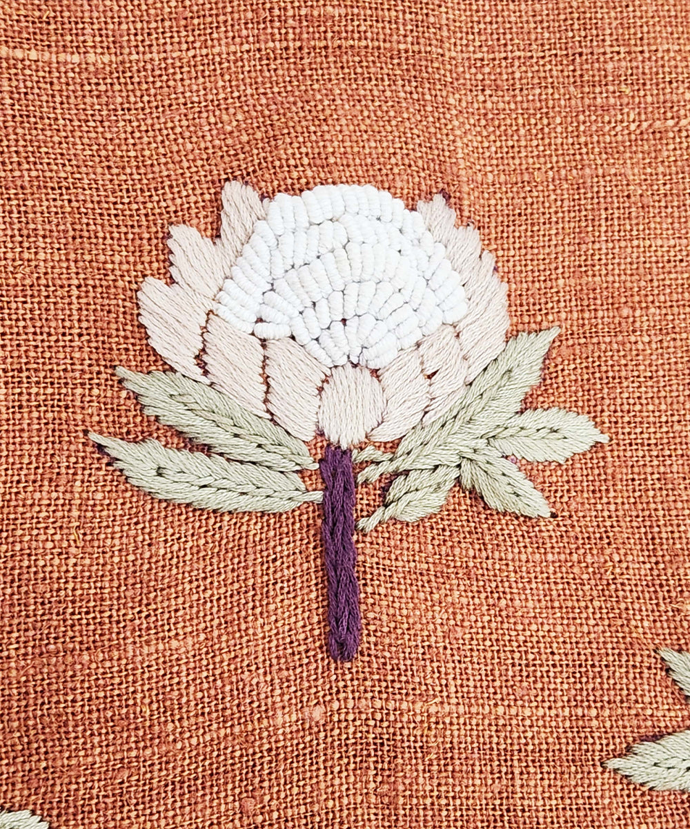 4 Seater Rustic Brown Hand Emb Pure Linen Table Runner