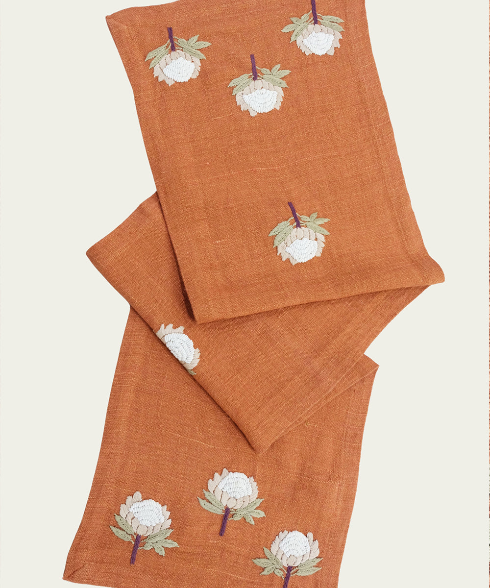 4 Seater Rustic Brown Hand Emb Pure Linen Table Runner