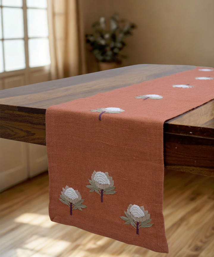 4 Seater Rustic Brown Hand Emb Pure Linen Table Runner