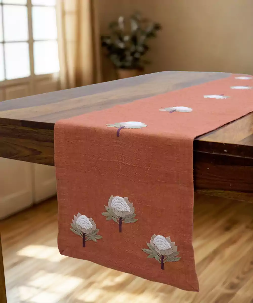 4 Seater Rustic Brown Hand Emb Pure Linen Table Runner