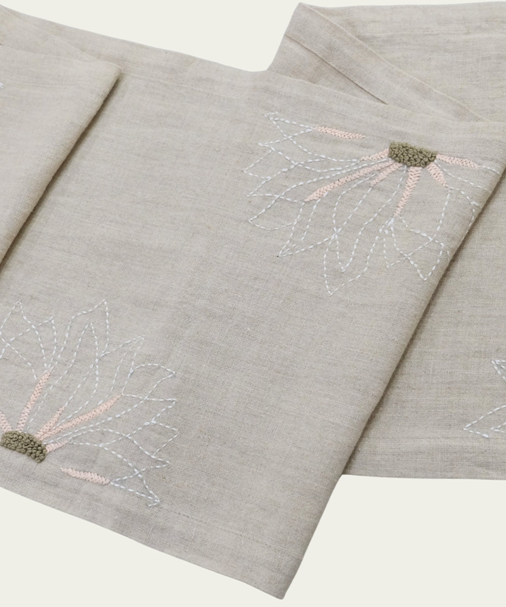 4 Seater Natural Hand Emb Pure Linen Table Runner
