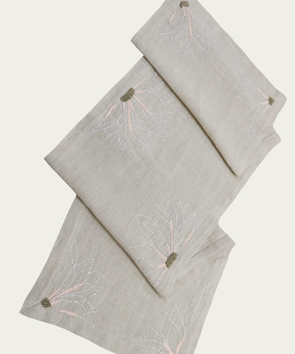 4 Seater Natural Hand Emb Pure Linen Table Runner