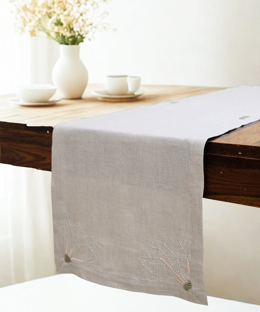 4 Seater Natural Hand Emb Pure Linen Table Runner