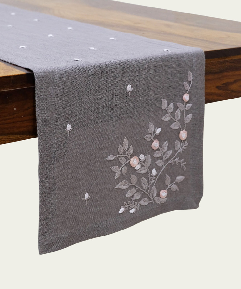 6 Seater Grey Hand Emb Pure Linen Dining Table Runner