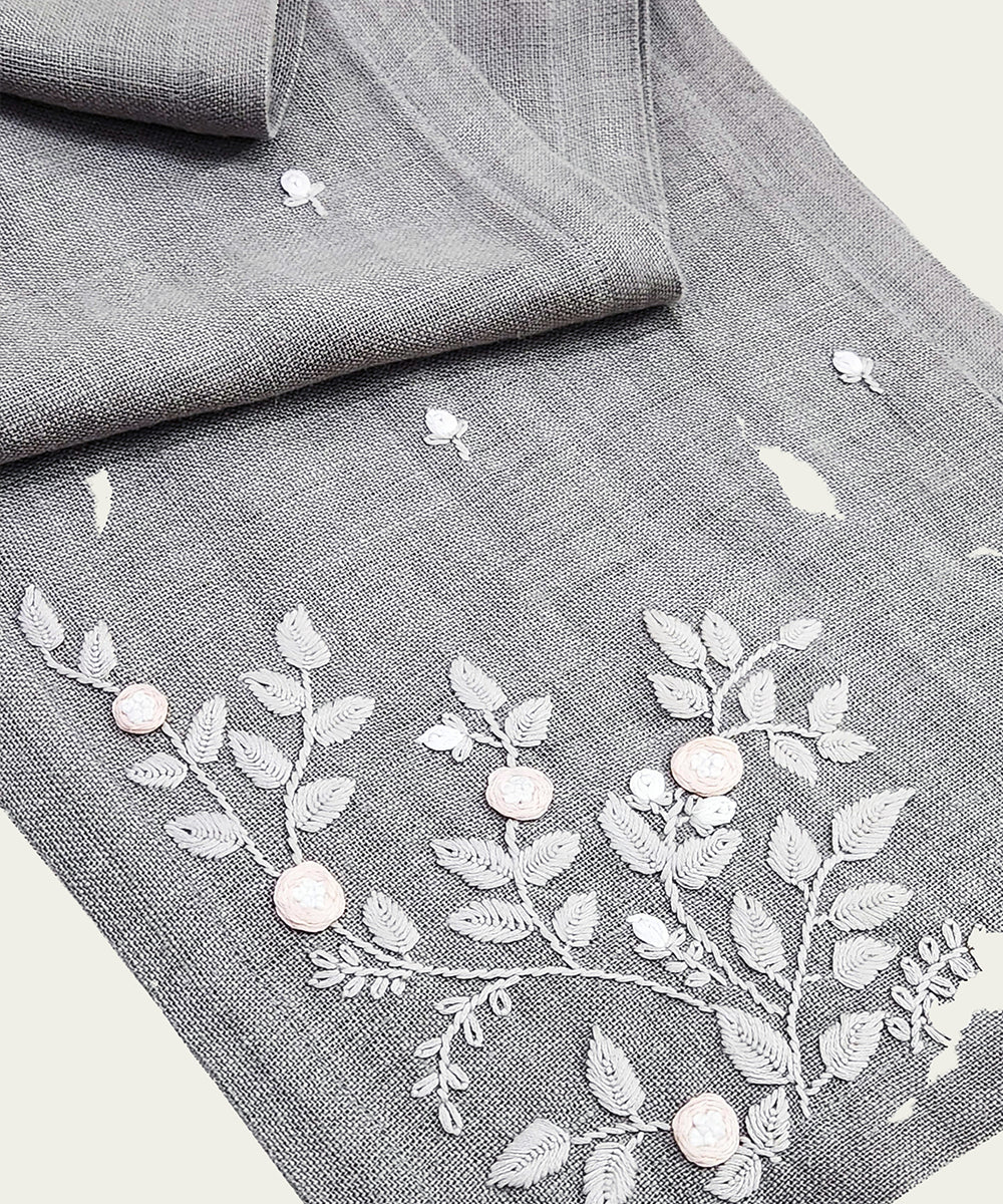 6 Seater Grey Hand Emb Pure Linen Dining Table Runner