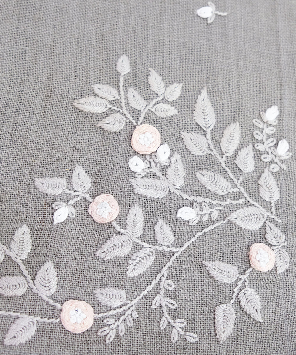 6 Seater Grey Hand Emb Pure Linen Dining Table Runner