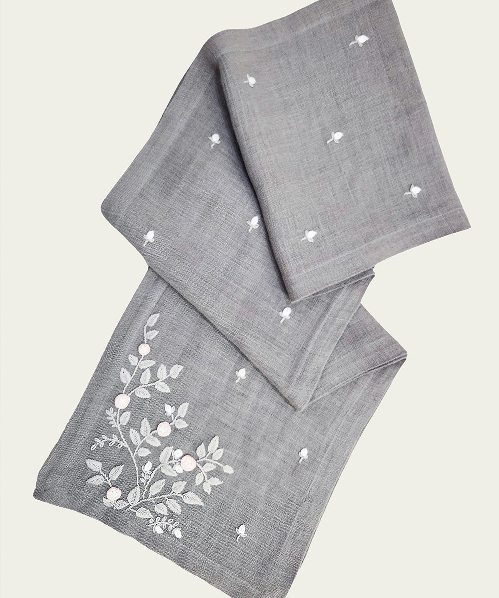 6 Seater Grey Hand Emb Pure Linen Dining Table Runner
