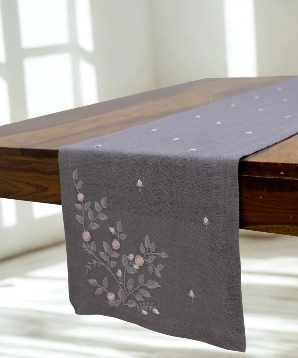 6 Seater Grey Hand Emb Pure Linen Dining Table Runner