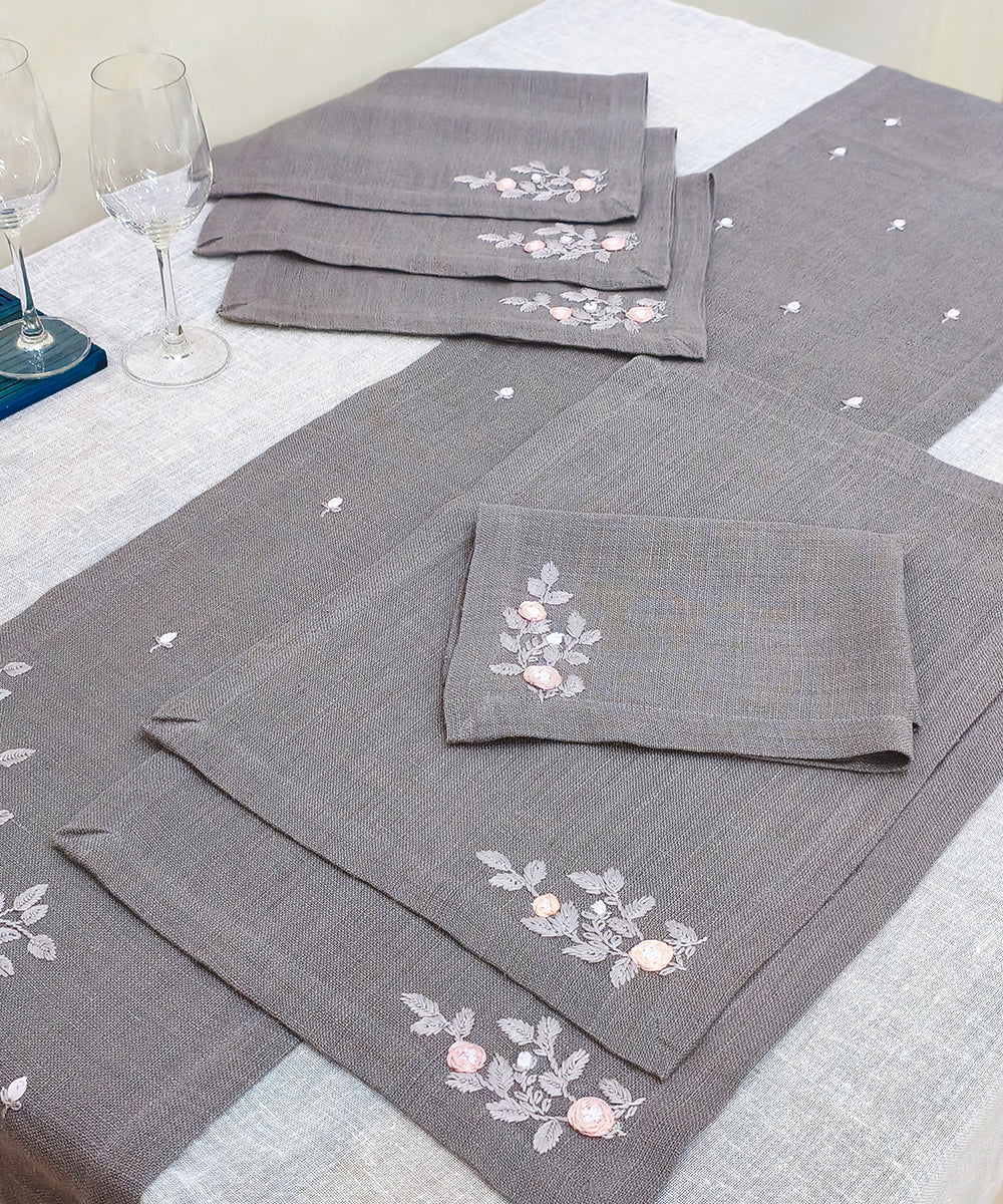 Set of Grey Hand Embroidered Pure Linen 6 seater Table Runner & 6 pcs Table Mats